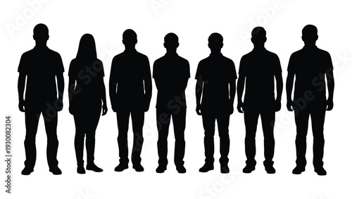 A group of seven people standing in a line isolated on white background, Vector
