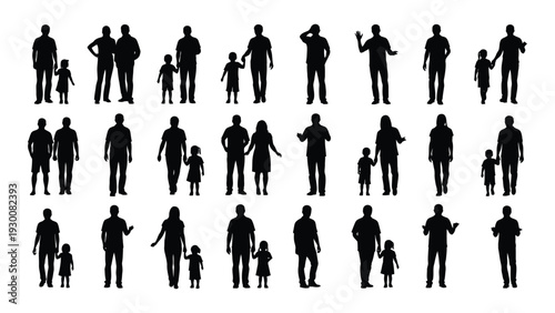A collection of black silhouettes of people in various poses and relationships isolated on white background, Vector