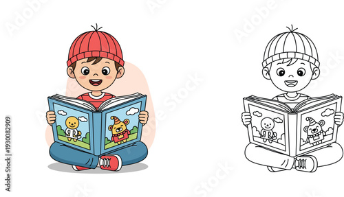 Cute little boy reading a picture book cartoon set, including colored illustration and black and white coloring page line art for children's education and hobby activities.