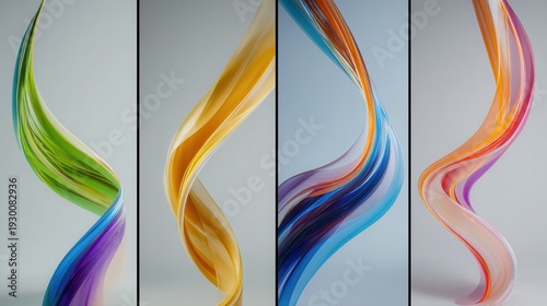 Cuatro vibrantes y fluidas cintas abstractas de colores formando líneas curvas y dinámicas sobre fondo claro.