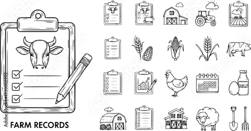 Hand Drawn Farm and Agriculture Icons Set with Farm Records, Livestock, Crops, Barns, and Tools in Doodle Style