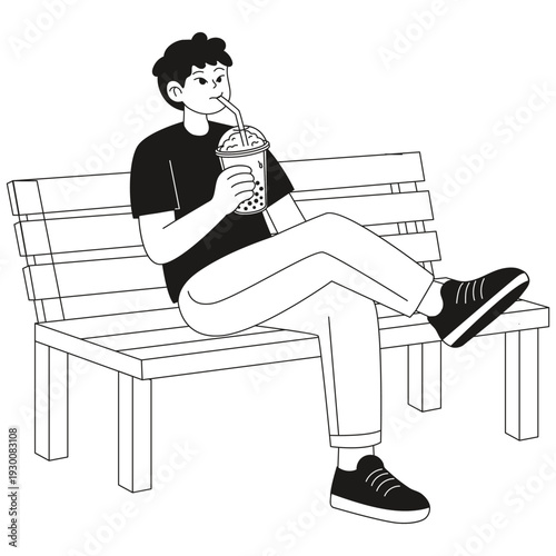 Boba and Milkshake Illustration. Vector illustration of Young man sitting on park bench drinking bubble tea in calm outdoor environment. Isolated on background