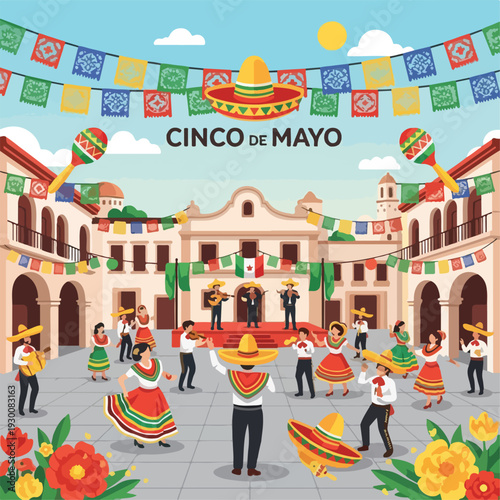 Illustration of a Cinco de Mayo celebration with people and a mariachi band