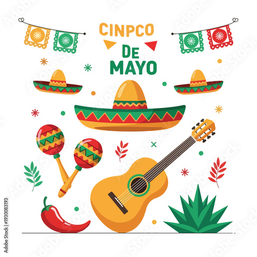Illustration of a Cinco De Mayo celebration with traditional elements