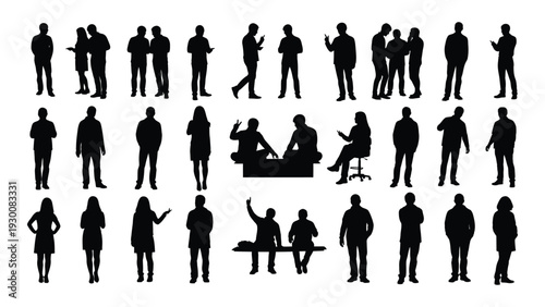 A collection of black silhouettes of people in various poses and actions isolated on white background, Vector