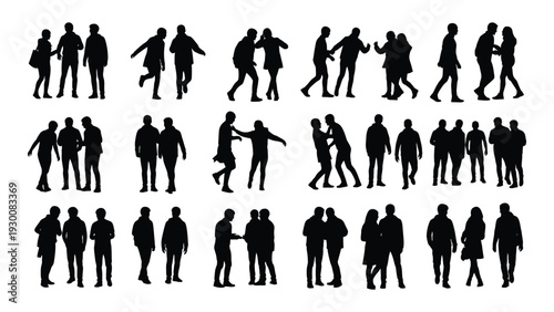 A collection of black silhouettes of people in various poses isolated on white background, Vector
