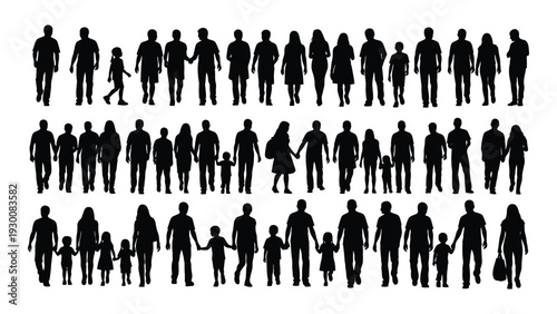 A large group of people in silhouette standing in rows isolated on white background, Vector