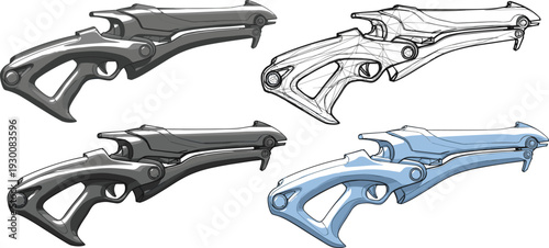 Futuristic sci fi weapon vector illustration set featuring advanced rifle designs, concept art variations, and sleek mechanical forms for gaming and technology themes