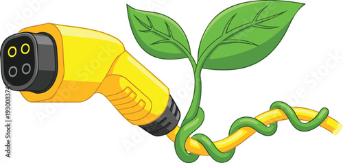 Flat vector illustration of an electric car charging plug in bright yellow with a green sprout wrapping around the cable for eco-friendly transportation.