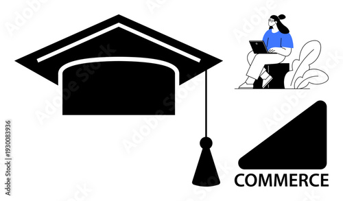 Education concept. Education by a graduation cap, commerce, and a student studying online. Education linking traditional learning, e-commerce, and modern technology. For businesses, schools