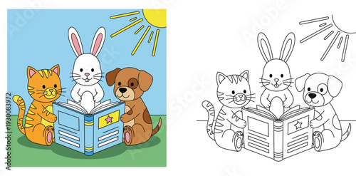Cute Cat, Rabbit and Dog Reading a Book Together Illustration and Coloring Page for Kids. Animal Friends Storytelling under the Sun Cartoon Vector Set for Education.