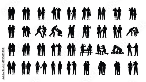 A collection of 36 black silhouettes of people in various poses and actions isolated on white background, Vector