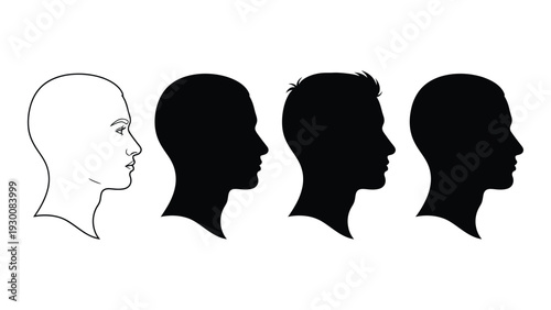 Four different shaded silhouettes of a human head isolated on white background, Vector