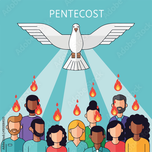 Illustration of a dove with flames above diverse people on a teal background