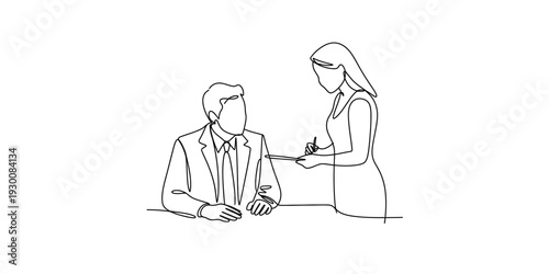 Minimalist line art illustration of a business man and woman during an office meeting Vector, illustration