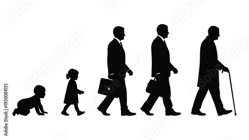 Evolution of a business man through life stages isolated on white background, Vector