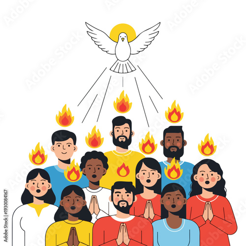 Illustration of a dove with flames above people praying