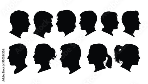 A group of black silhouettes of people's heads isolated on white background, Vector