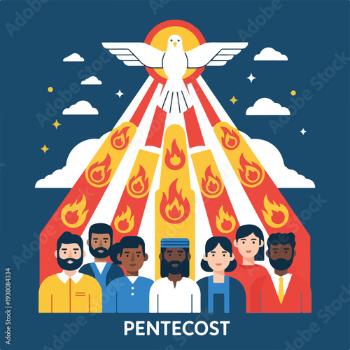 Illustration of a dove with flames descending upon diverse people