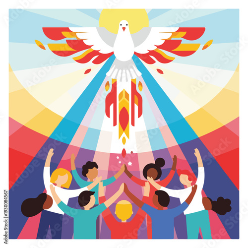 Illustration of a dove with people reaching upward, colorful beams of light