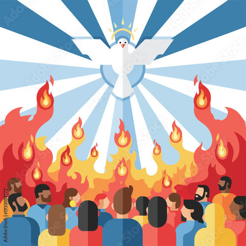 Illustration of a dove with rays, flames, and diverse people below