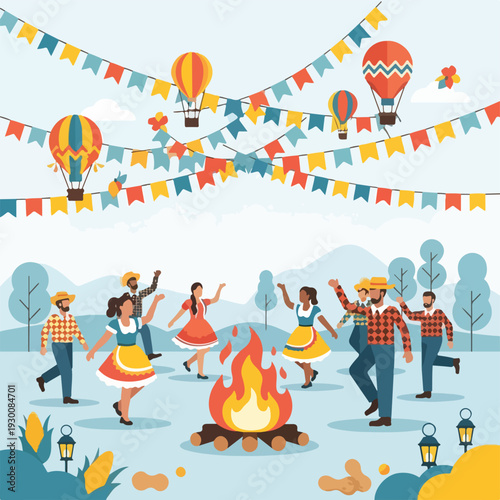 Illustration of a festival with people dancing, balloons, a bonfire, and decorations