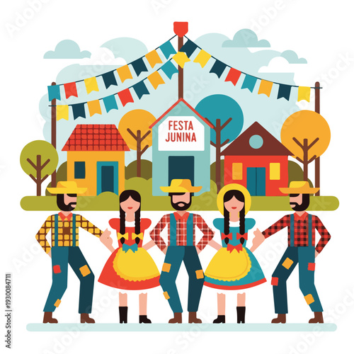 Illustration of a festival scene, featuring people, houses, and banners