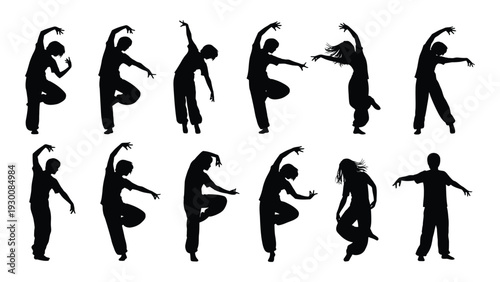 A group of black silhouettes of people dancing isolated on white background, Vector