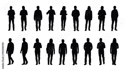 A group of people standing in two rows of black silhouettes on a white background isolated on white background, Vector