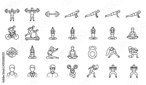 Gym, yoga and aerobic workout editable thin line vector icons
