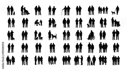 A large group of people and animals in various poses isolated on white background, Vector