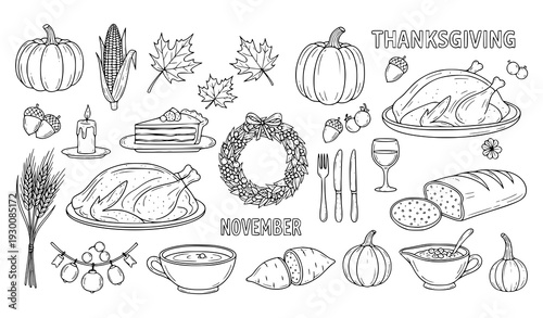 Harvest fall pumpkin and Thanksgiving food doodle vector set