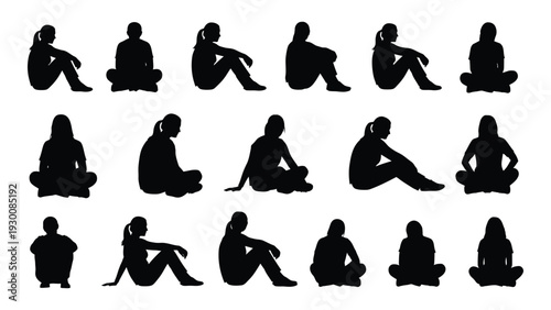 A collection of black silhouettes of people sitting in various yoga poses isolated on white background, Vector