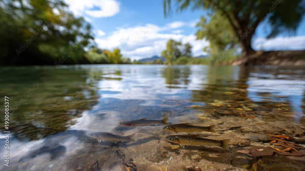 Obraz premium Tranquil River Scene Featuring Fish Beneath Glassy Surface of Water