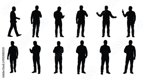 A group of black silhouettes of men in various poses isolated on white background, Vector