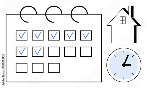 Time management, scheduling, productivity, project planning, organization, deadline tracking. A calendar with checkmarks, house symbol and clock. Time management and scheduling concepts