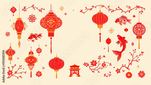 Chinese festival decoration set with red lanterns, koi fish, and hanging ornaments. Traditional asian festive elements in flat vector style isolated on beige background
