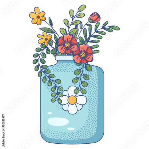 Spring-themed illustration of a light blue glass jar filled with various colorful wildflowers and green leaves.