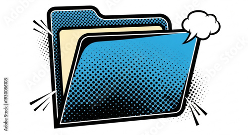 Comic style blue file folder with speech bubble pop art illustration for business communication