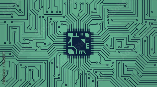 Electronic circuit board with central microchip, digital technology background