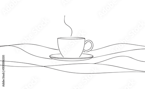 Vector line art of a steaming cup of coffee on a saucer