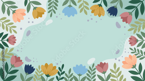Vibrant floral frame on a soft green abstract background with scattered elements