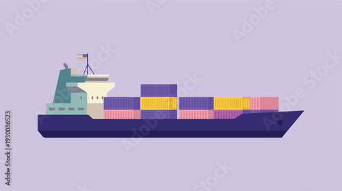 Flat design illustration of a cargo container ship with an American flag
