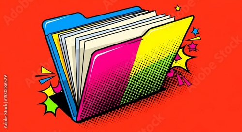 Colorful pop art folder with documents and explosion effects on red background symbolizing creativity and organization