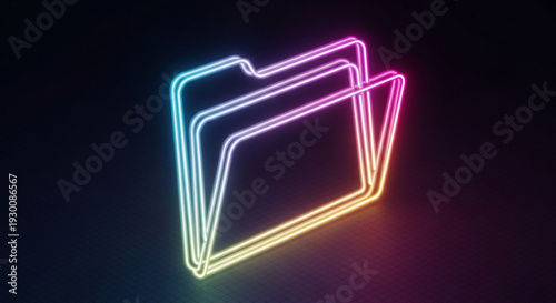 Neon lit colorful folder icon with glowing lines on dark background symbolizing digital organization and data storage