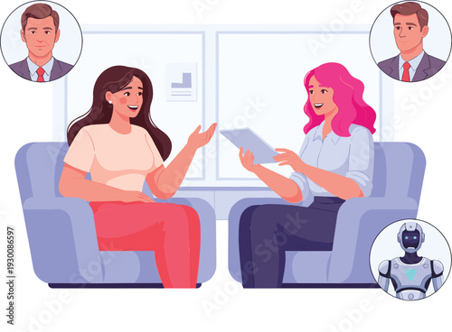 HR Recruitment Profile Analysis Vector Illustration with Woman Screening Document Using Magnifying Glass and Hand Holding Fidget Spinner for Focus