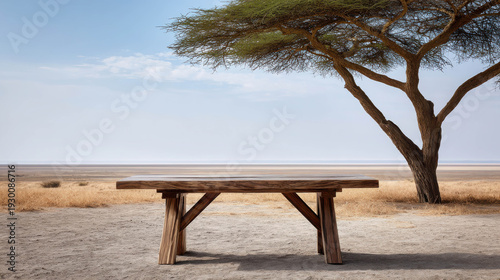 Rustic Dining Table Under Acacia Tree in Vast Savannah Landscape