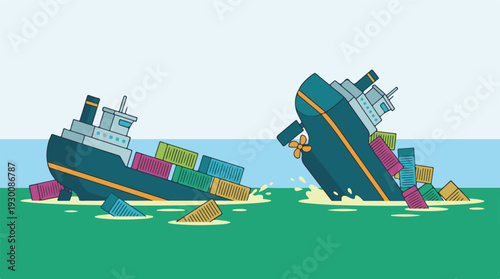 Illustration of cargo ships sinking and losing containers in the ocean