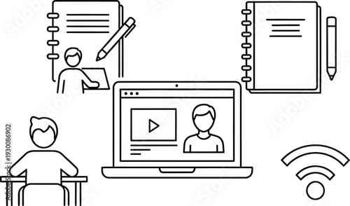 Online learning and education concept with laptop video conferencing and notebooks