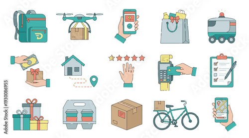 E-commerce, Delivery, and Logistics Flat Line Icons Set